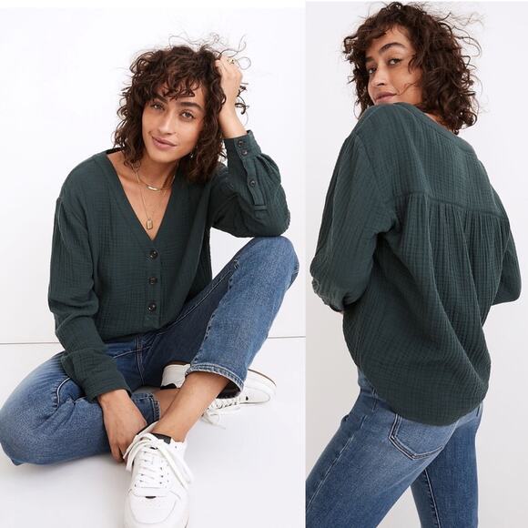 Madewell Tops - Madewell Lightspun Evert Top in forest green waffle knit henley size XS